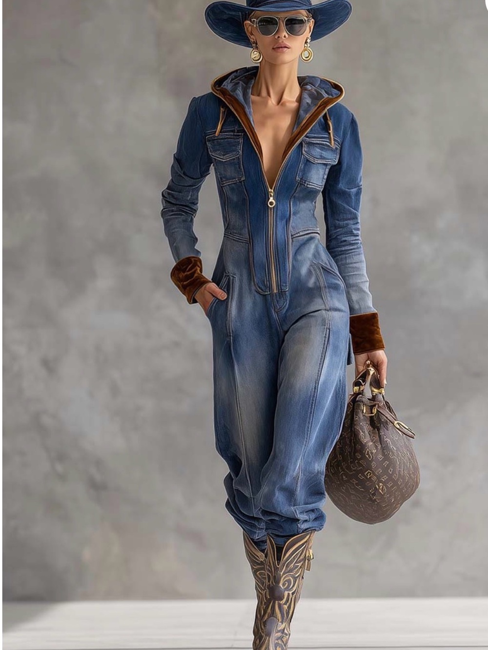 Denim Zip-Front Hooded Jumpsuit - Blue